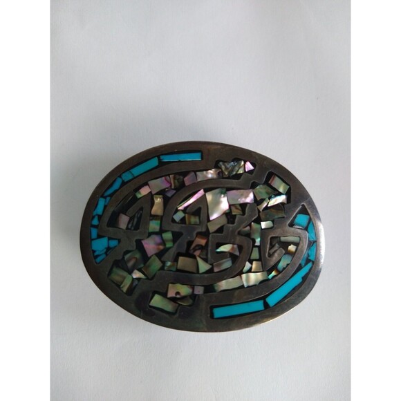 Vtg Sterling Silver Belt Buckle .925 Taxco Mexico Inlaid Turquoise Signed TA217